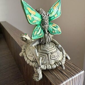 Pewter Green and Gold Fairy on Turtle Figurine